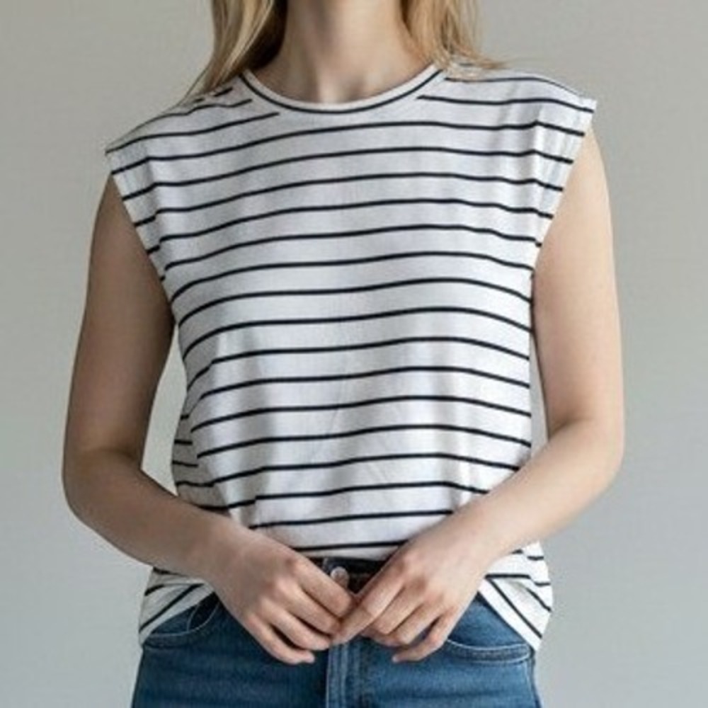 Talbots (Sleeveless Tee) (Mp) [Black White] Excellent Pima Cotton Striped Muscle